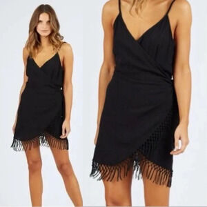 Cleobella Aria Wrap Tassel Fringe Rayon Mini Dress V-Neck Boho Black Size S